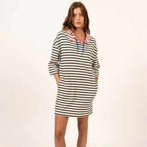 SAINT JAMES Hooded Genet Dress, marine navy & white ecru, cotton, sz 44, US 12